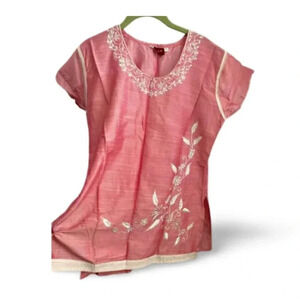 Women's Medium Size Light Pink Tunic Tops with white Embroidered Design